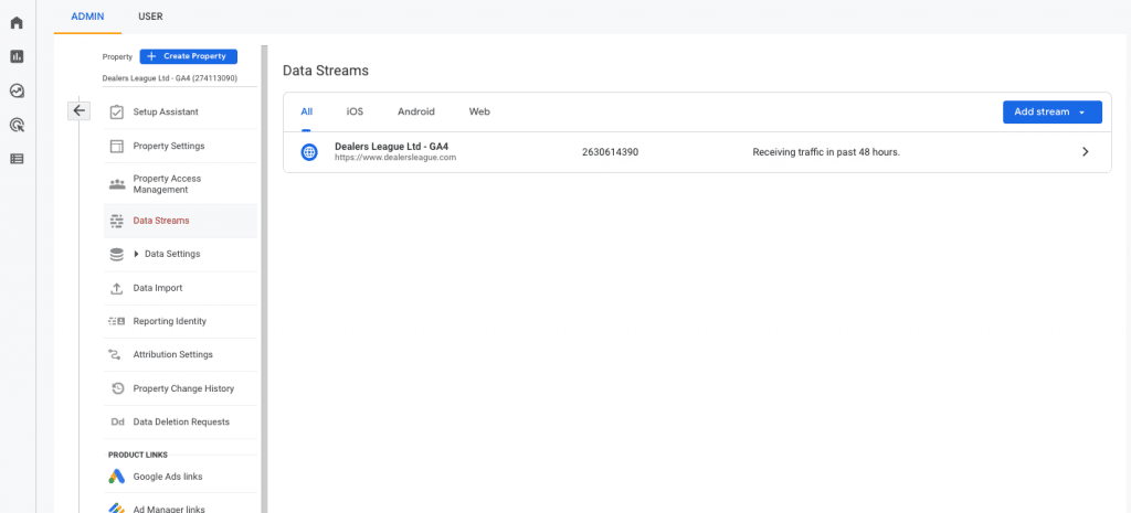 Data Stream section in Google Analytics 4