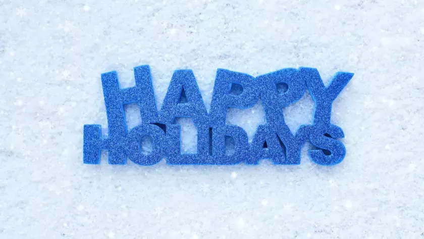 Happy Holidays written in blue letters on snow.