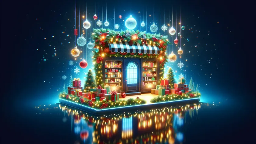 A festive digital storefront with a holiday theme, representing a dazzling business website