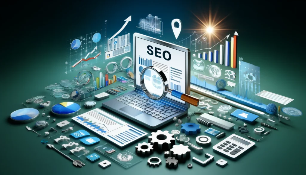 A visually striking image depicting a website with various SEO elements and icons, symbolising optimisation and growth.