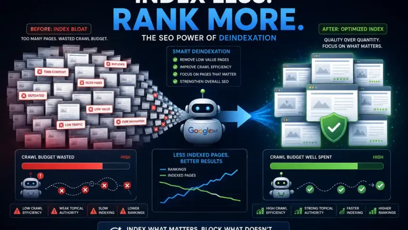 SEO deindexation strategy infographic showing Googlebot removing low-value pages, reducing index bloat, improving crawl budget efficiency, and increasing rankings through selective indexing and technical SEO optimization.
