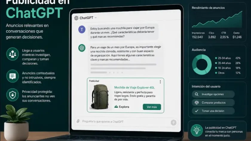 Infografía sobre publicidad en ChatGPT con ejemplo de anuncio patrocinado, métricas de rendimiento y ventajas para anunciantes.